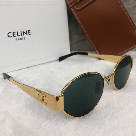 Celine Triomphe Gold Metal Sunglasses with Green Lenses